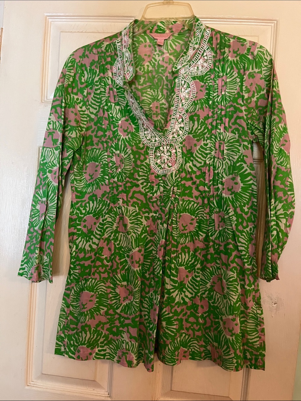 Lilly Pulitzer Pink and Green Printed Tunic with Embroidered V-Neck